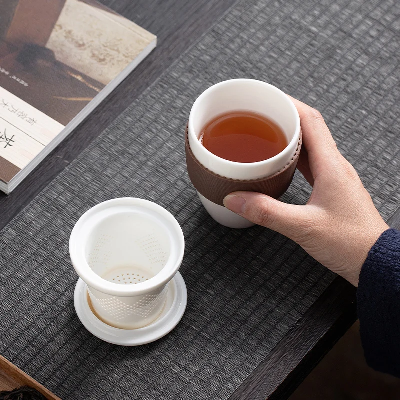 Chinese Style Tea Filtering and Separation Cups, With Cover White Porcelain Personal Mug, Home Drinkware Ceramic Office Cup, 1Pc