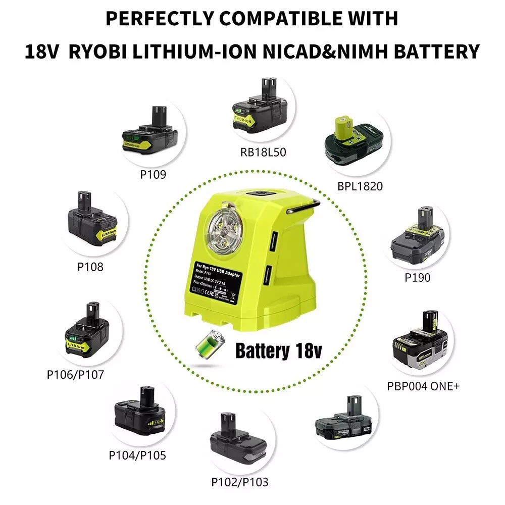 Portable Spotlight LED Work Light For RYOBI 14.4V-18V Li-ion Battery Dual USB Ad