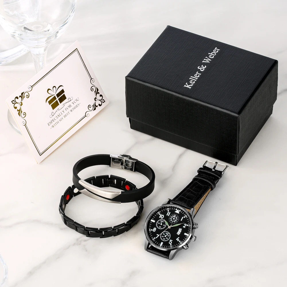 Business Date Wristwatch for Men Luxury Bracelets Watch Gift Set Box Leather Quartz Watches Fashion Present for Father horloge