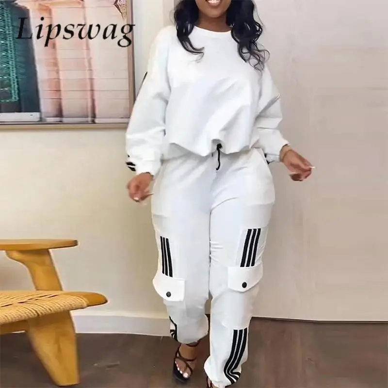 

Casual O Neck Long Sleeve T Shirt And Pocket Cargo Pants Suits Women Sports Set Tracksuit Female Striped Print Sweashirt Outfits