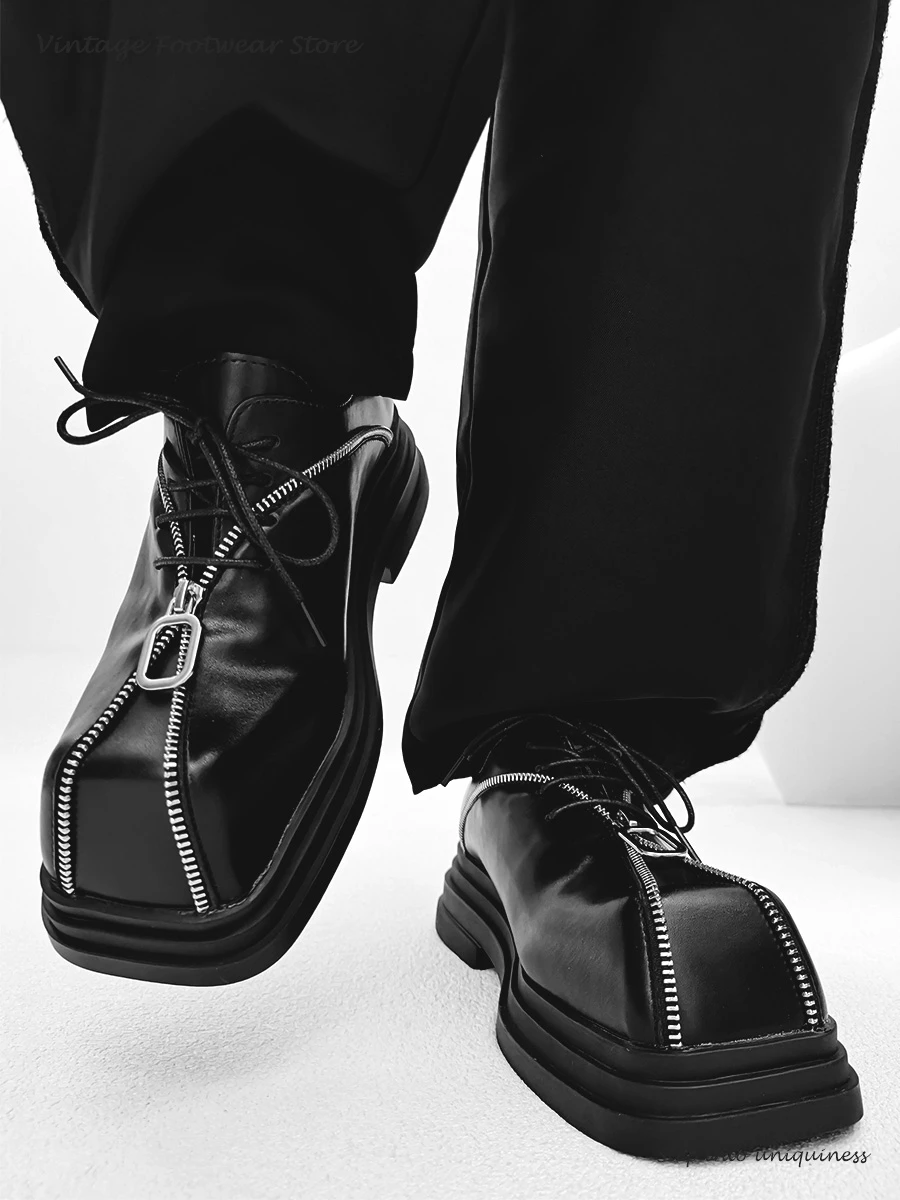 Vintage Double Platform Men's Derby Shoes Front Zipper Design Square Toe Casual Shoes British Style Height Increasing Male Shoes 2