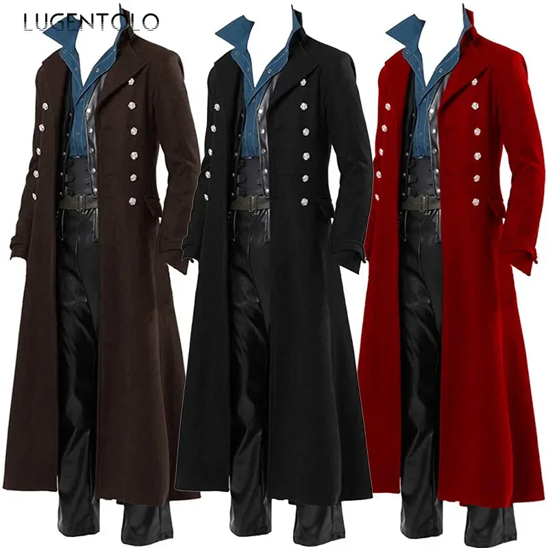 Men Gothic Trench Medieval Steampunk Retro Coat Double-breasted Trim Solid Men's Lapel Coats Vintage Long Jackets images - 6