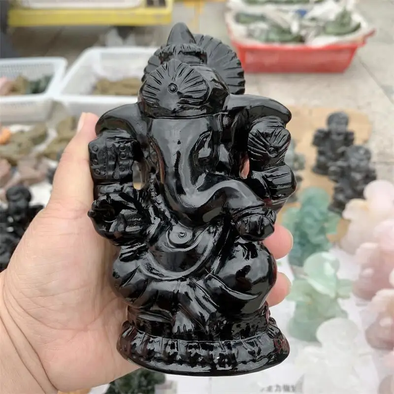 Natural Black Obsidian Elephant Quartz Crystal Carved Gemstones Ganesha Healing Reiki Home Decoration 1pcs 4