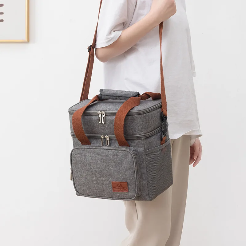 Double Layer Thermal Lunch Bag Large Capacity Picnic Bento Box Meal Pouch Food Insulated Cooler Delivery Bags for Women Men Kids