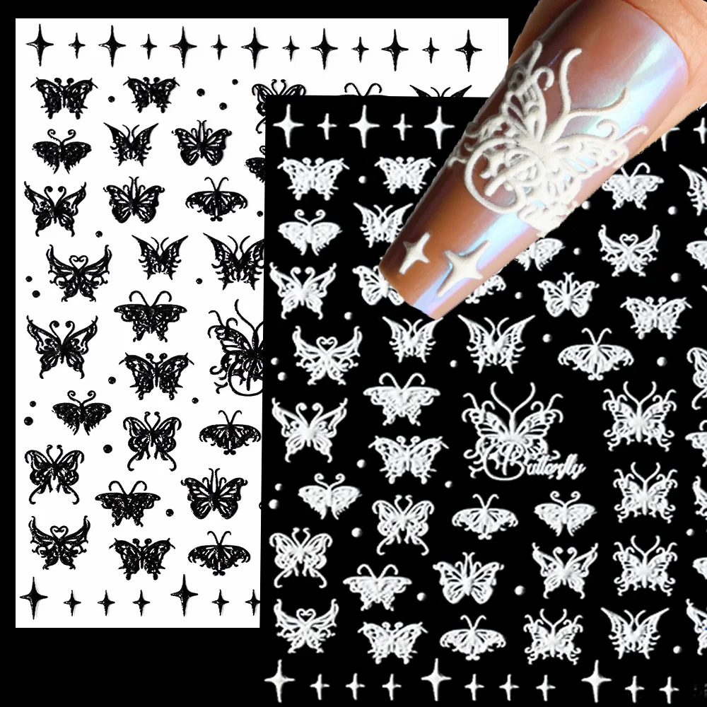

5D Black White Butterfly Stickers For Nail Art Holographic Butterfly Embossed Decal Self-Adhesive Reliefs Butterfly Nail Slider