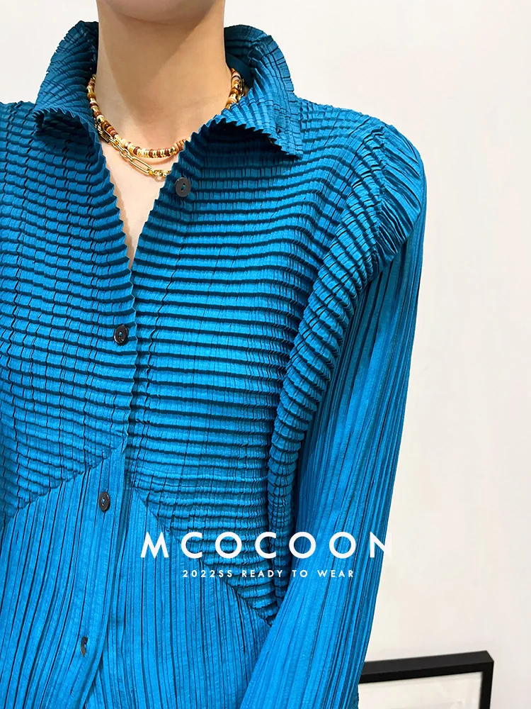 

Женская плиссированная однобортная рубашка Miyake, Свободный кардиган с воротником-стойкой и длинными рукавами, дизайнерская Роскошная Одежда, 2023