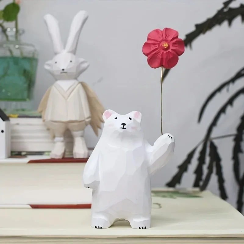 Wooden Bear Figurine with Heart Balloon - Handmade Desktop Decor, Cute Gift Idea