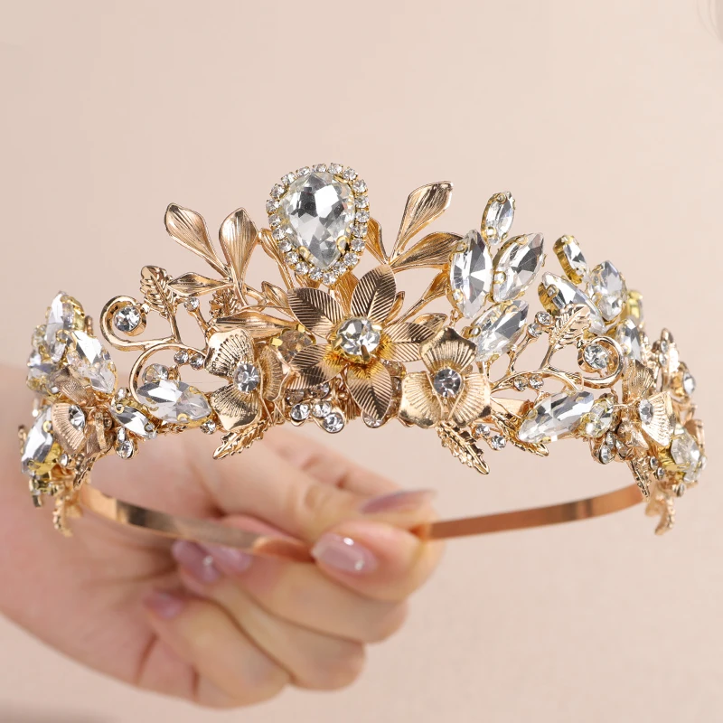 Luxury Flower and Leaf Bridal Rhinestone Headband Crown Gold Black Diamonds for Women Tiara Handmade Wedding Hair Accessories