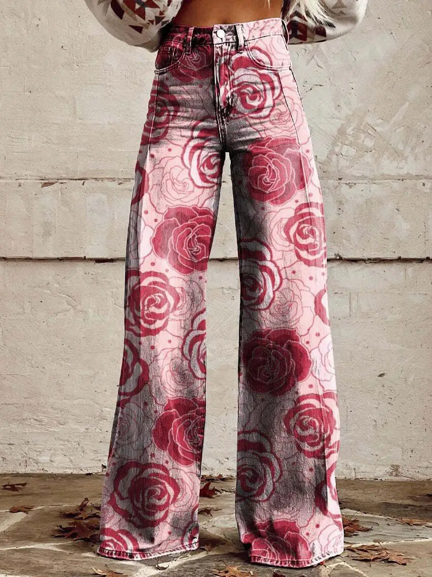 Women's Trendy Retro Striped Denim Wide Leg Pants Casual Fashion Comfortable Long Women's Pants Tie-Dye Casual Wide Leg Pants