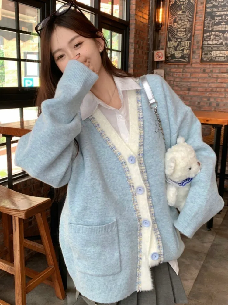 

Korean Women Sweet Blue Cardigan 2023 Long Sleeve Vintage Lady Loose Sweater Coat Autumn Single Breasted Knitted Pocket Clothes