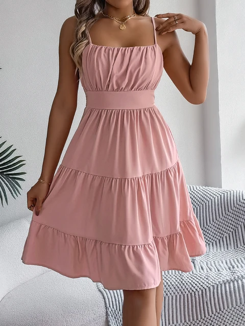 Casual Vacation Ruffled Camisole Dress Spring Summer Women's Solid Dresses for 2026 Valentine's Day Woman Clothing Pink Blue