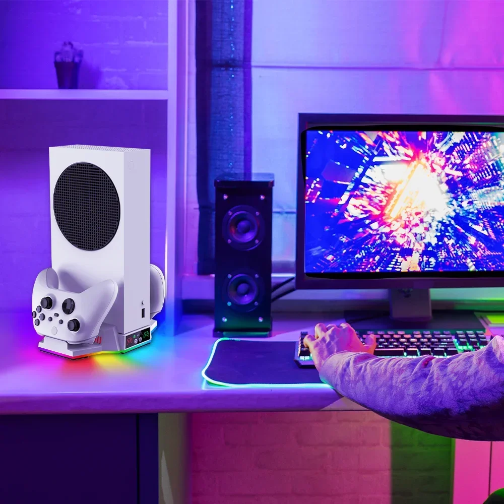 Cooling Stand for Xbox Series S Console with 3 Level Adjustable Speed Charger Base for Xbox Series S/X Controller with LED Light