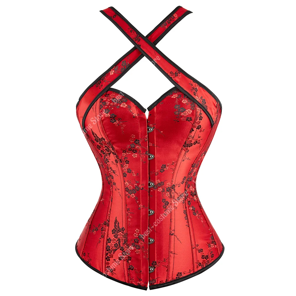Vintage-Inspired Floral Gothic Corset Top with Halter Straps in Black and Red