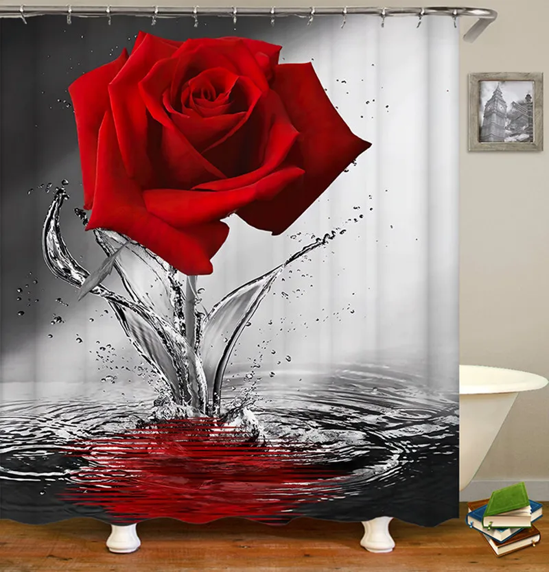 Rose Flower Shower Curtain Set Non-Slip Rugs Bath Mat Toilet Lid Cover and 12 Hooks Waterproof Polyester Bathroom Decor