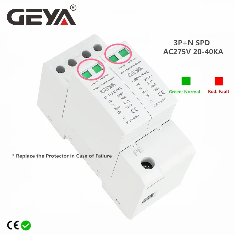 GEYA 번개 보호 저전압 피뢰기 장치, 3P + N, 36mm SPD, 20  40KA 서지 보호기, AC275V SPD