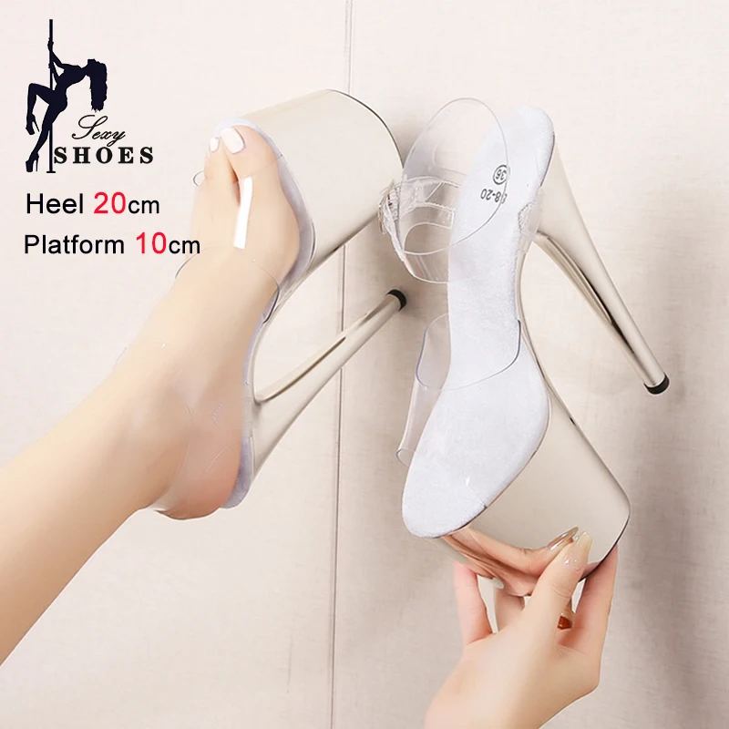 Silvery Super High Heel Summer Pole Dance Sandals Transparent PVC Runway Shoes Women 20CM Thin High Heels Sexy Platform Sandals
