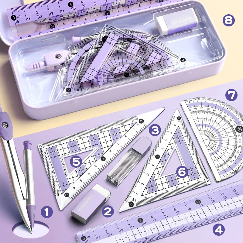 Ensemble de 8 règles, compas spécifique aux étudiants, règle de mesure d'angle, règle triangulaire, règle complète, ensemble de papeterie, coffret cadeau