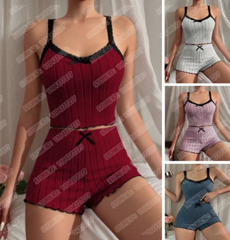 Women's Pajama Suit Suspender Sexy Butterfly Knot Strap Top Shorts Two Piece Set Comfortable Home Wear Spring Summer Sleepwear 1