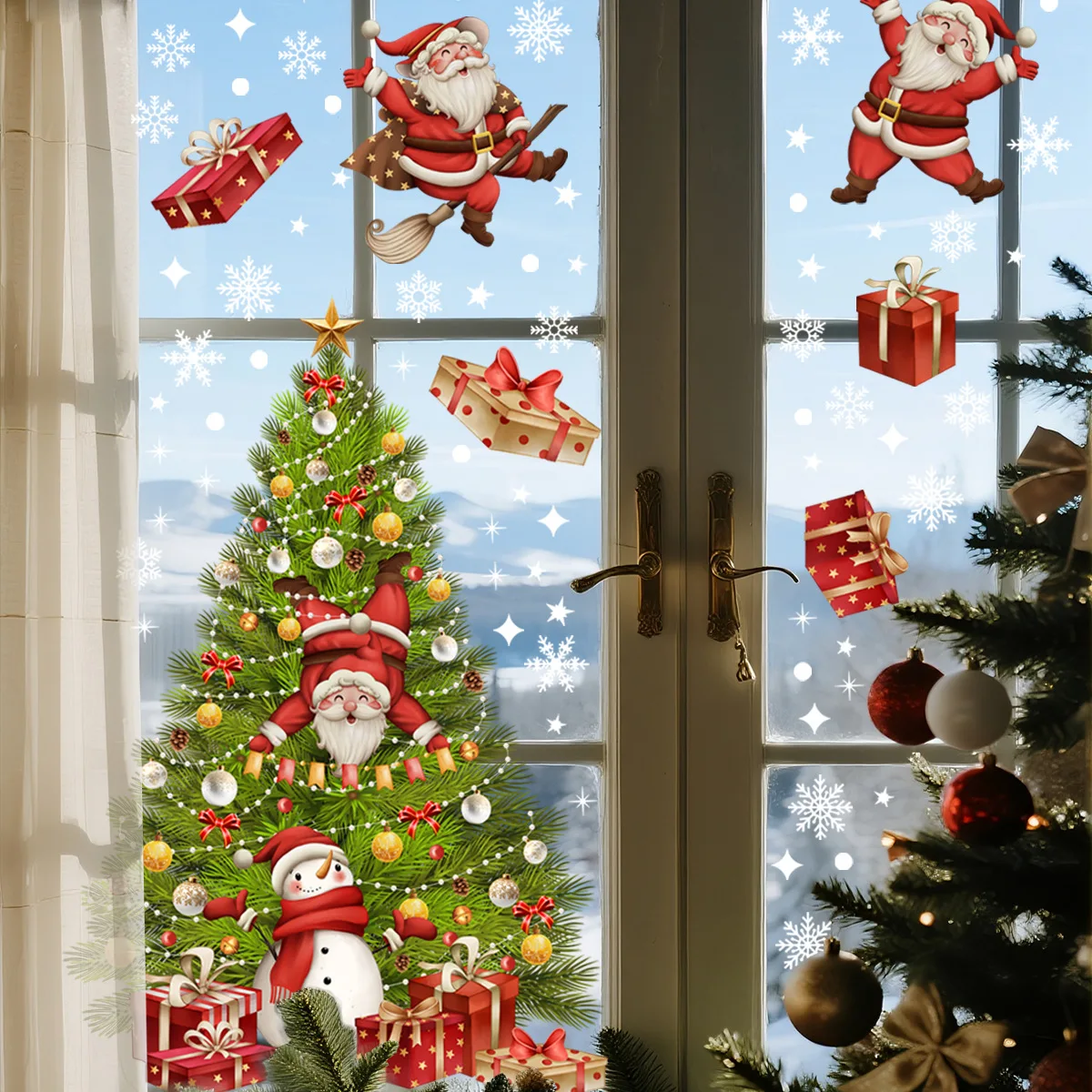 Santa Claus Christmas Tree Snowman Gift Snowflake Window Sticker 30x60cm Double-Sided Static Cling Glass Decal for Home Decor