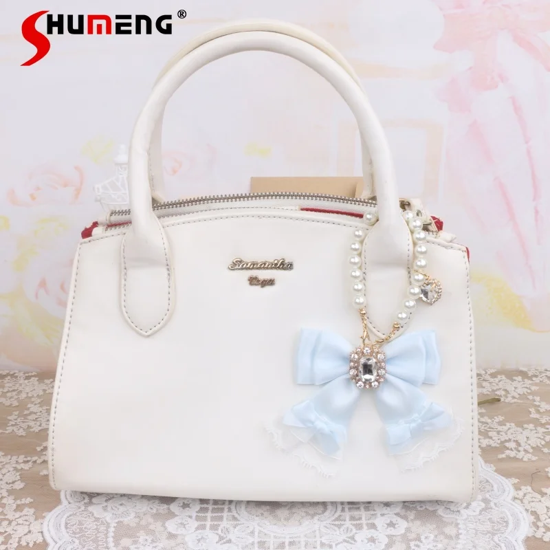 Cute Bag Accessories Lolita Lace Rhinestone Bow Pearl Beaded Bag Pendant for Women 2024 Handmade Original Water Blue Girl Gift