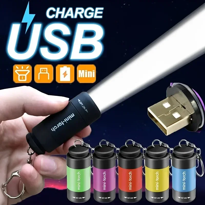 LED Mini Torch Light USB Charging Waterproof Flashlight Outdoor Emergency Lights Keychain Lamp Hiking Camping Portable Lighting