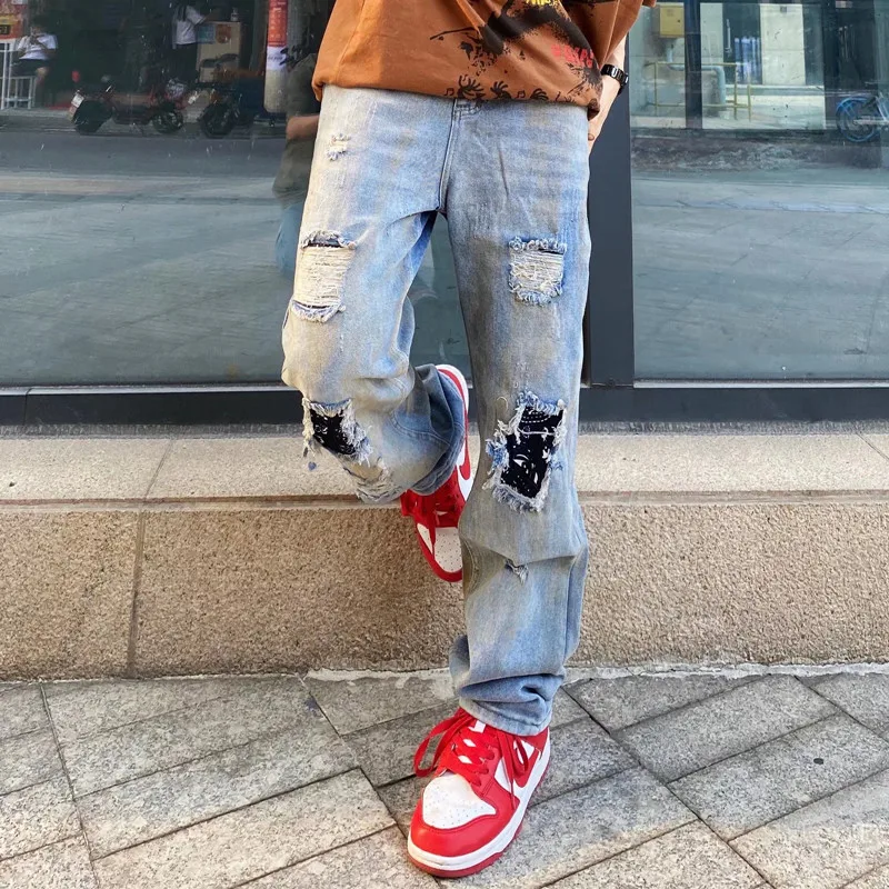 2022 High Street Cashew Patch Retro Washed Baggy Men Jeans Pants Hole Ripped Distressed Straight Hip Hop Denim Trousers Vaqueros
