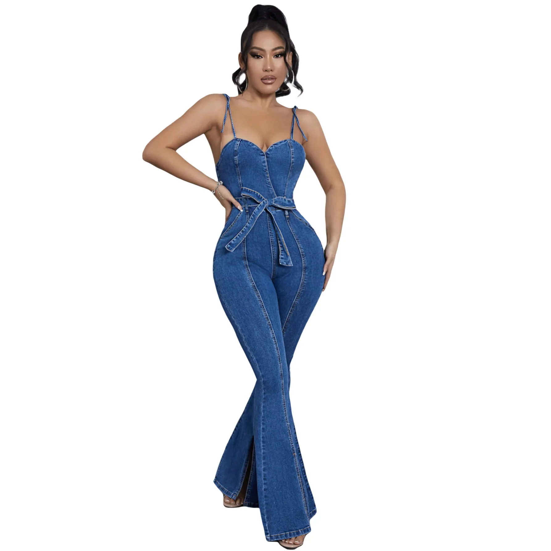 Spaghetti Straps Denim Jumpsuits Elegant Office Lady Solid Skinny Flare Rompers 2024 Summer Sexy Night Club Party One Piece