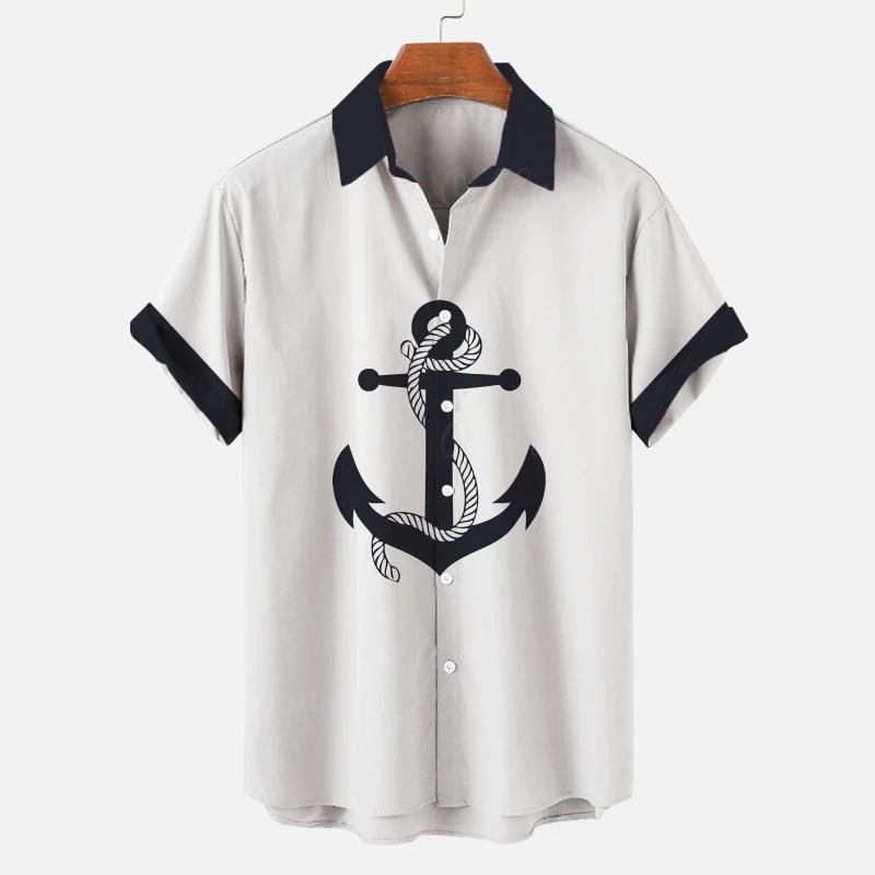 Simple Men's Shirt 3d Ship Anchor Striped Print Short Sleeved Shirt Beach Casual Hawaiian For Men Loose Oversized Tops