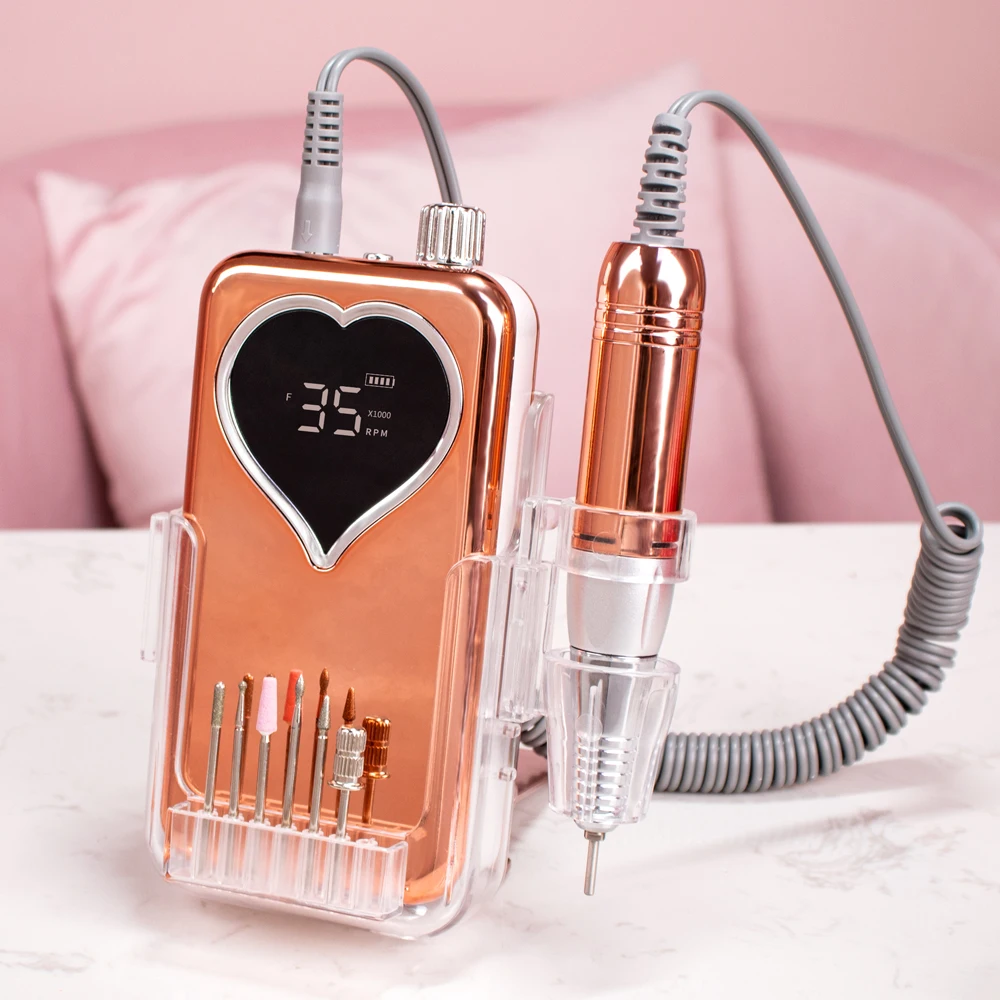Pro Nail Drill Machine 35000 RPM Portable Electric Nail File Rechargeable Manicure Machine Set Kit Metallic Gold with Base Use 2