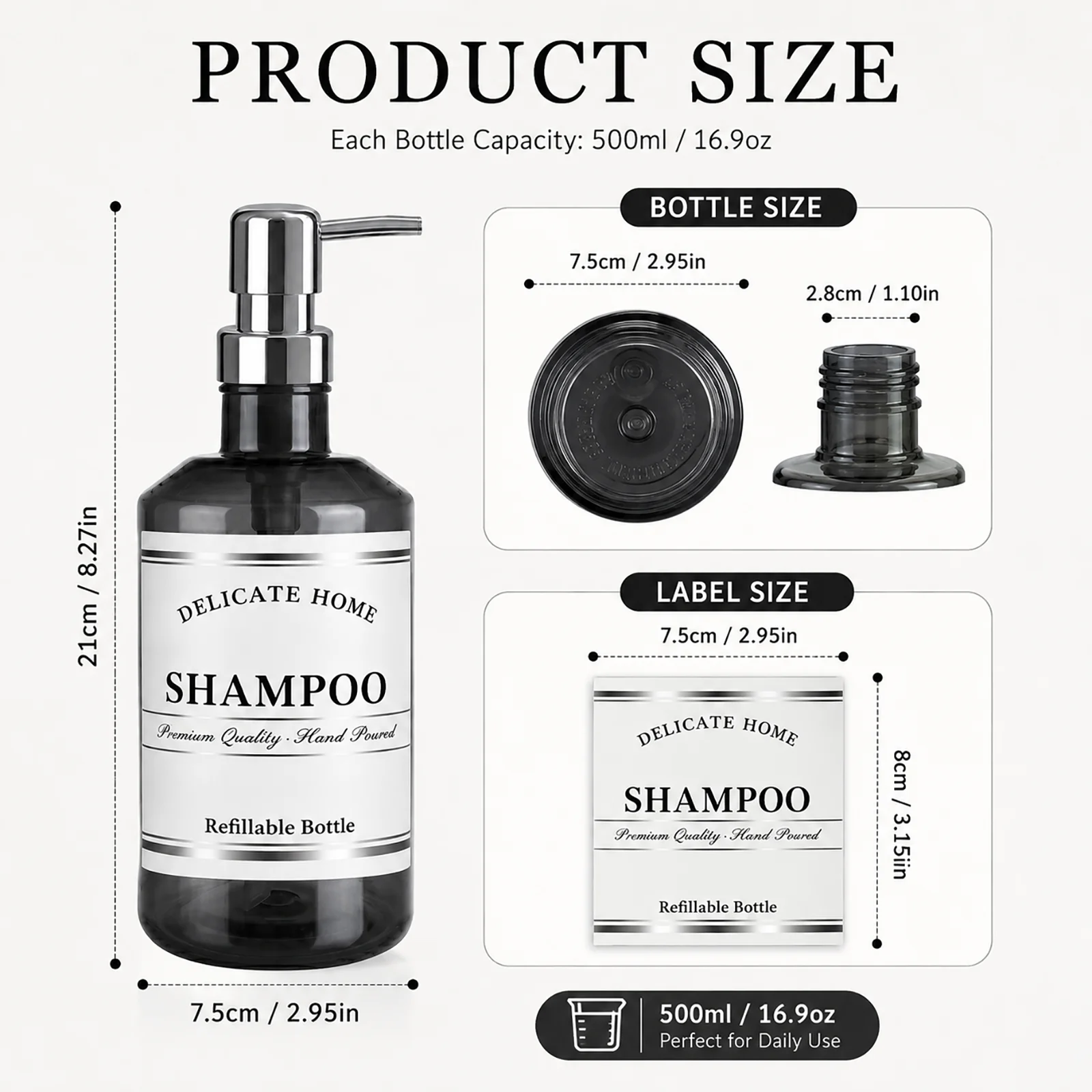 Flaconi con Pompa in Plastica per Arredo Bagno di Hotel di Lusso, Bottiglie Ricaricabili per Shampoo, Balsamo, Bagnoschiuma, Dispenser - immagine 3