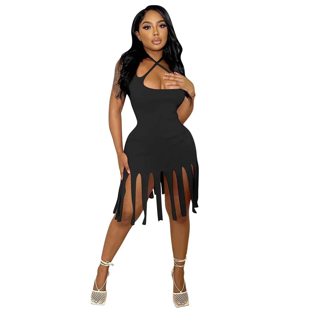 2022 Summer Women Dress Tassel Mini Dress Halter Cross Bandage Streetwear Dresses For Women Vestidos