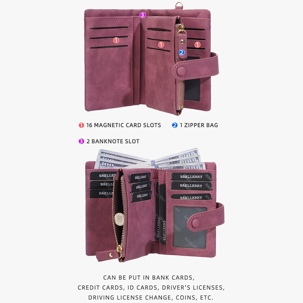 16-Card Slot Magnetic Folding Wallet with Zippered Coin Pocket and Wrist Strap, Large Capacity Multi-Functional Storage, Unisex Travel Card Holder