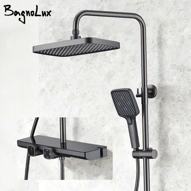 ชุดระบบฝักบัวอาบน้ำแบบยกแขนสีขาวพร้อมก๊อกน้ำสีเทาดำ หัวฉีดชำระแบบสี่เหลี่ยม ฝักบัวมือถือ ก๊อกผสมแบบหลายฟังก์ชั่น 1