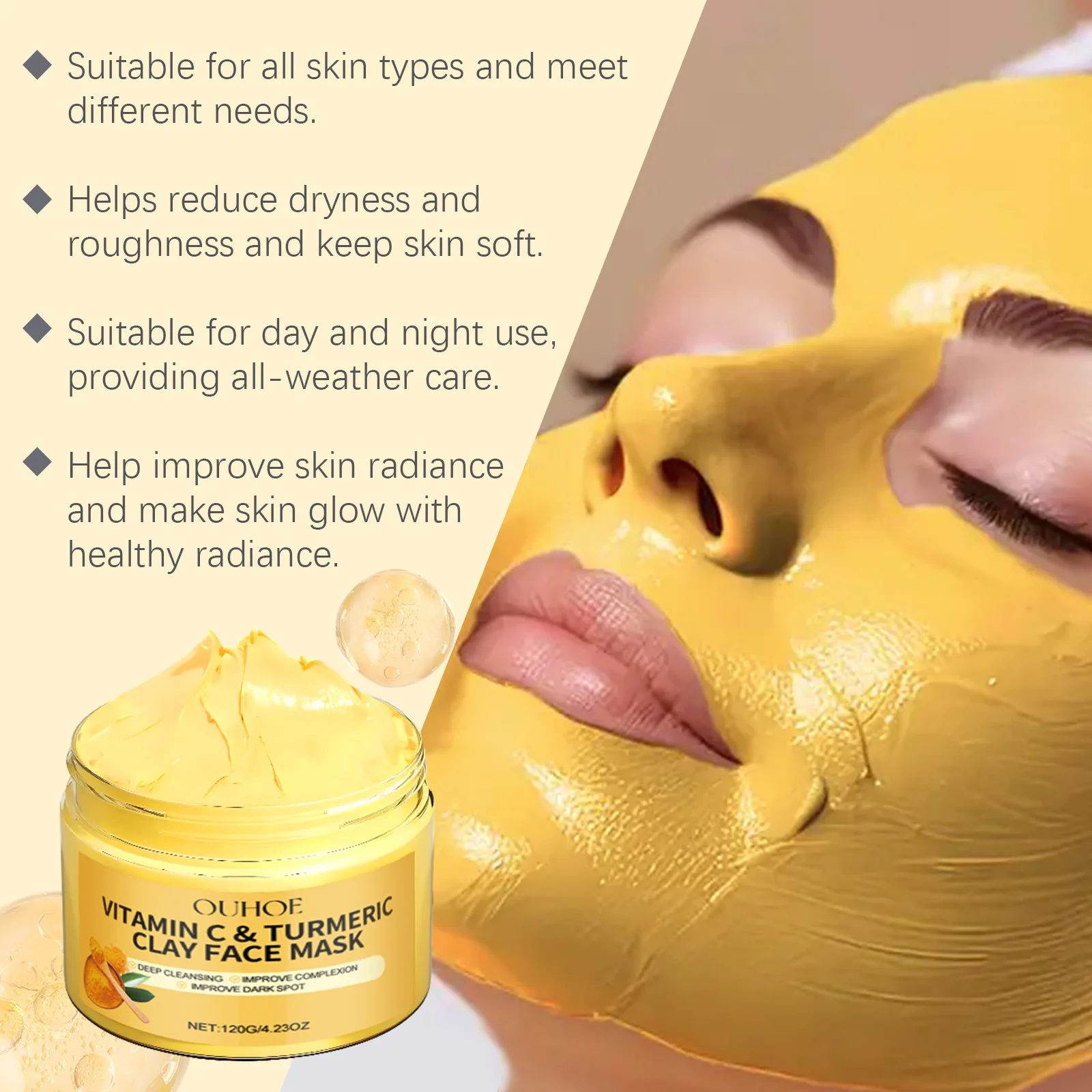Maschera di fango alla curcuma e vitamina C Detergente Pori restringenti Idratante Illuminante Idratazione profonda Schiarente Riduce l'opacità Maschera di argilla_voghion.com