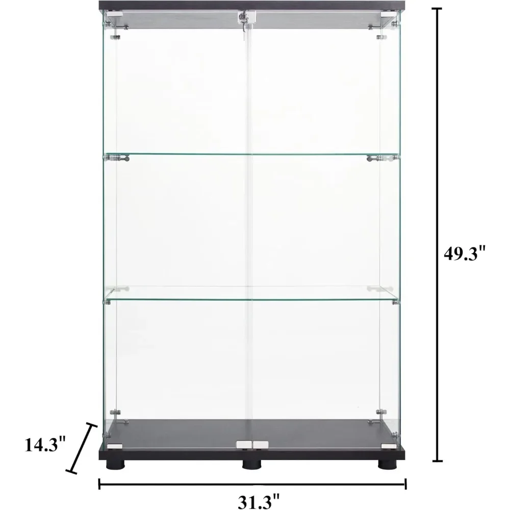 49'' Display Cabinet with 2 Doors, Floor Standing Bookshelf, Contemporary 3-Shelf Case Glass Display Cabinet 2