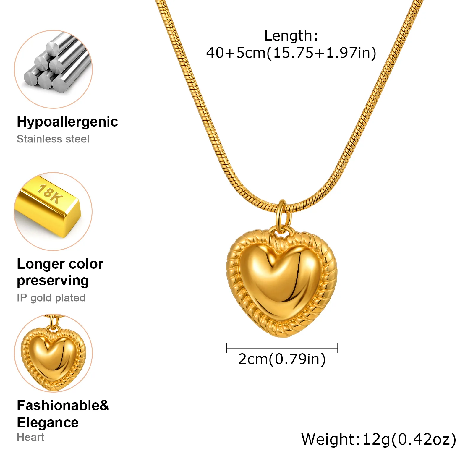 Collar corazón acero inoxidable chapado en oro regalo mujer_voghion.com