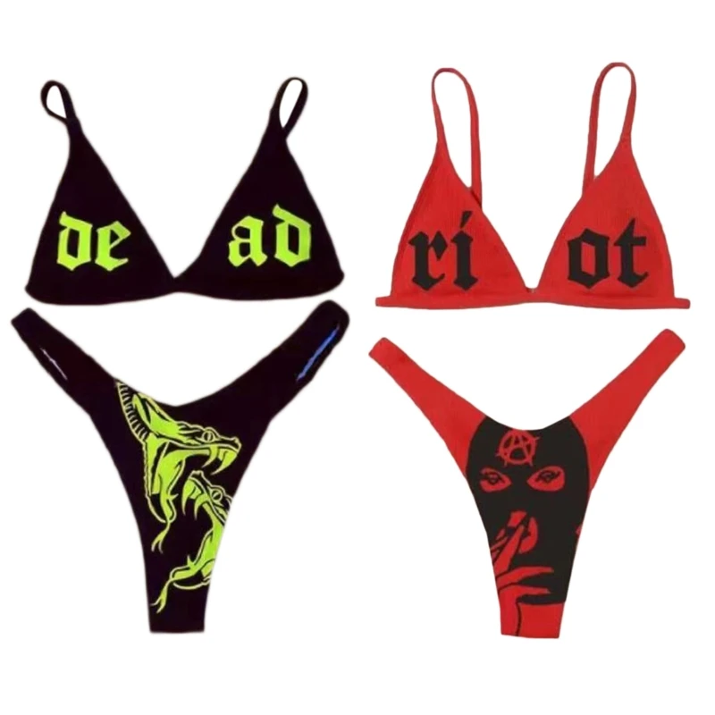 Summer Women Split Swimsuit Set Ladies Sexy Skull Print Bikini Panties Set 3