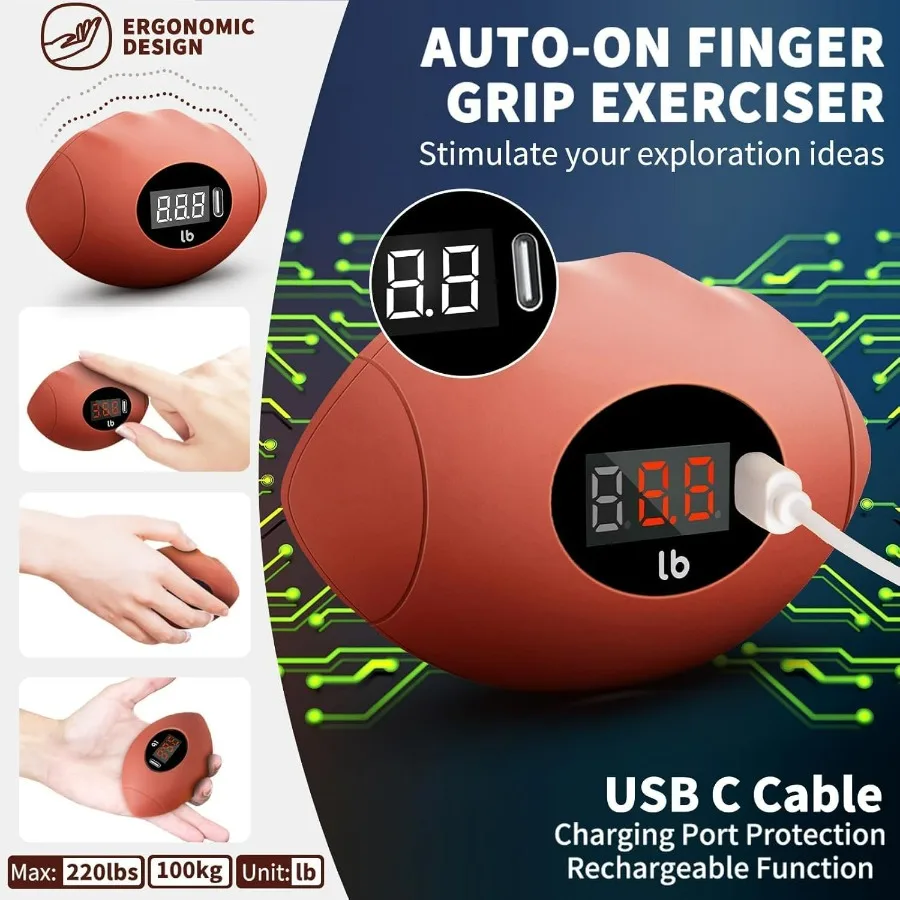 Hand Grip Strengthener, Rechargeable Digital Grip Strength Trainer up 220.4 Lbs(100kg) Hand Grip Exerciser Equipment for Strengt