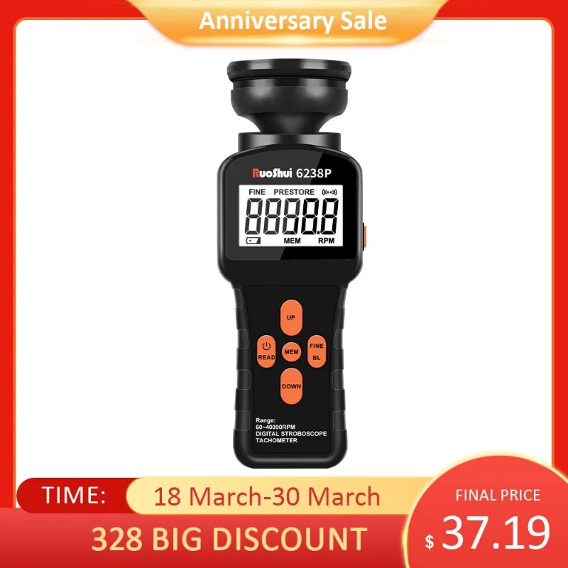 

RuoShui Digital Stroboscope Tachometer 6238P LCD Non-Contact Flash Photoelectric Revolution Meter 60-39999 RPM Speedmeter Tester