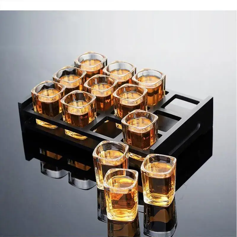 Glass Liquor Set White Wine with Wooden Cup Holder Spirit Shot Glasses Brandy Cups Drinking