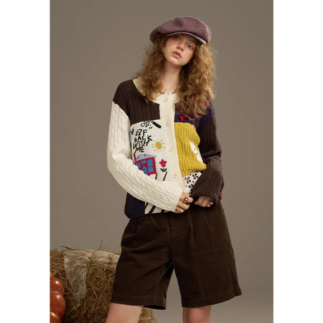ELFSACK 2025 Autumn New Arrivals Casual Cute Color Block Puppy Cartoon Embroidery Cardigan Sweater For Woman 3