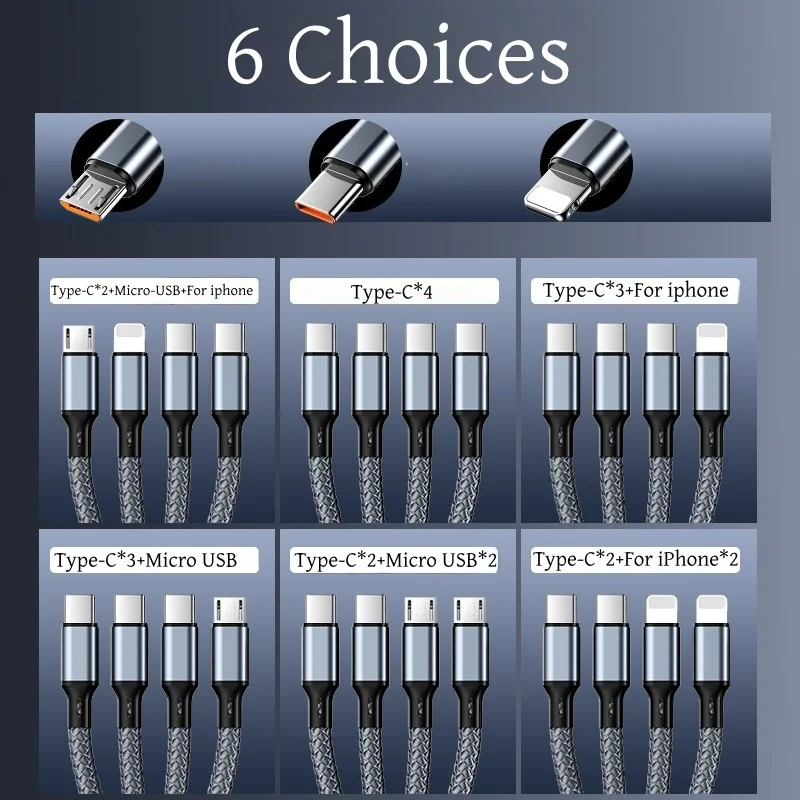4-in-1 브레이드 나일론 데이터 케이블: USB-A에서 4개의 USB-C 포트로 연결된 고속 충전 케이블로 여러 기기 동시 사용 가능