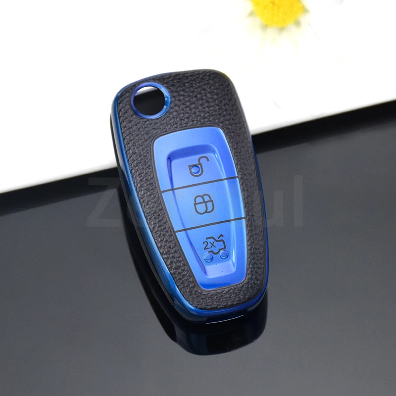 Auto Shell Fob Per Ford Focus C-Max S-Max Galaxy Mondeo Ranger Transit Tourneo Custom Leather Tpu Car Folding Key Case Cover Bag