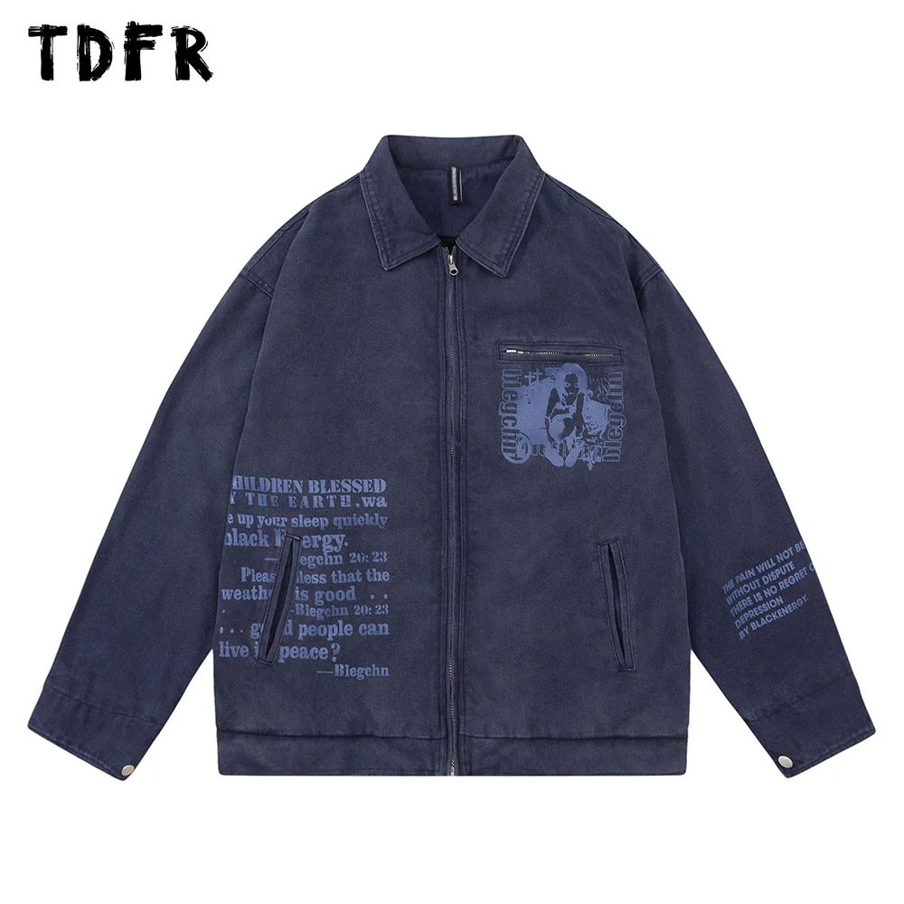 

Portrait Print Cargo Jacket Mens Casual Streetwear Autumn Loose Lapel Long Sleeve Zipper Jacket Men Outerwear