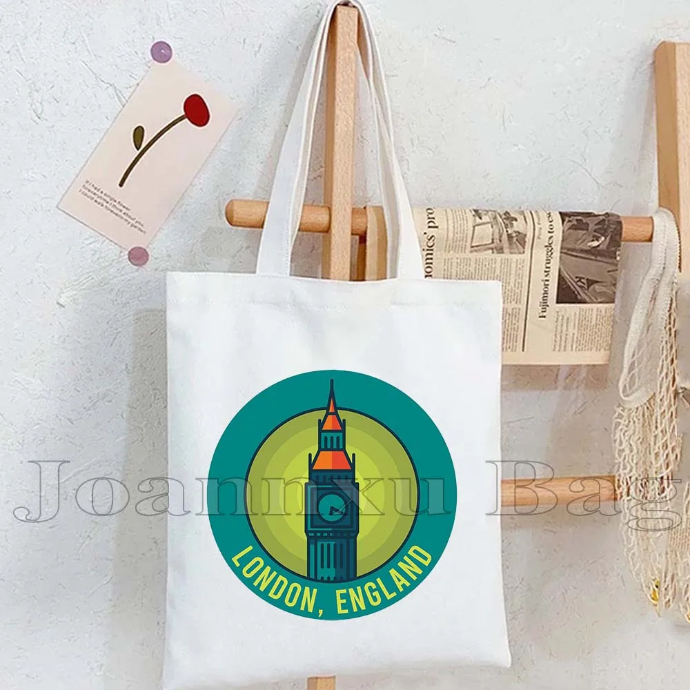 London England Flag Map Cute Tote Bag United Kingdom Bus Big Ben Bridge Phone Booth Landmark Trip Travel Tourist Canvas Handbags