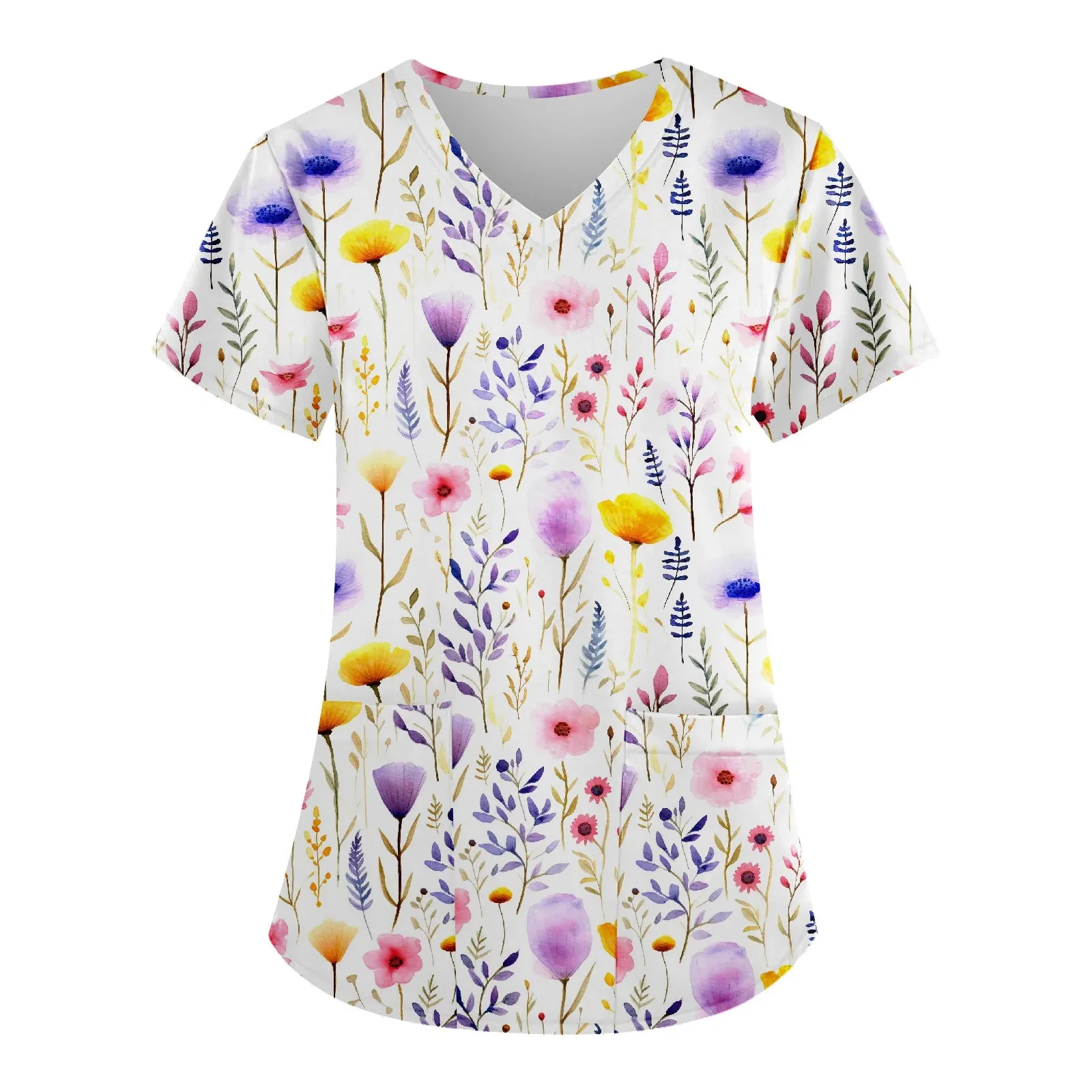 2023 Blumen druck Tasche Arbeits kleidung für Zahnarzt Krankens ch wester Peelings Uniform medizinische Uniformen Frauen Kurzarm V-Ausschnitt Peeling Arbeits oberteil – Detail 18