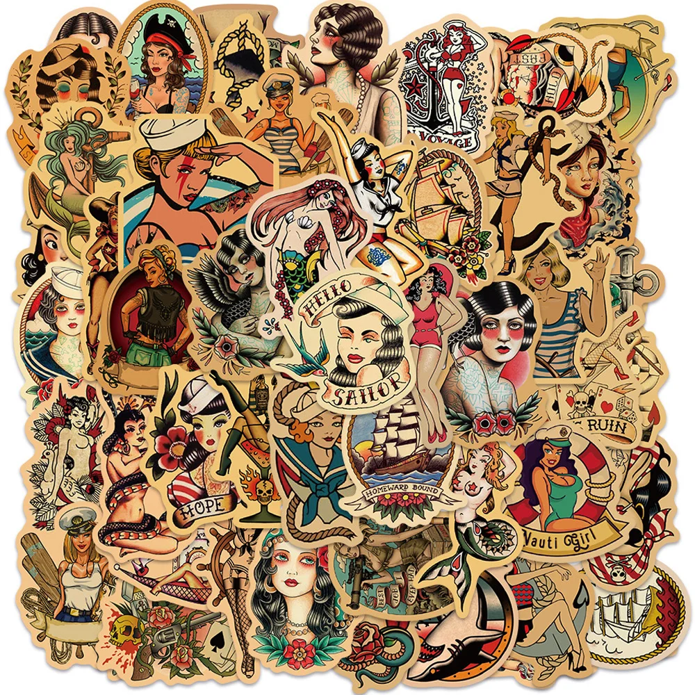 

10/30/50pcs Vintage Anime Girls Stickers Retro Cartoon Decoration Decals Decorative Motorcycle Skateboard Car Cool DIY Sticker