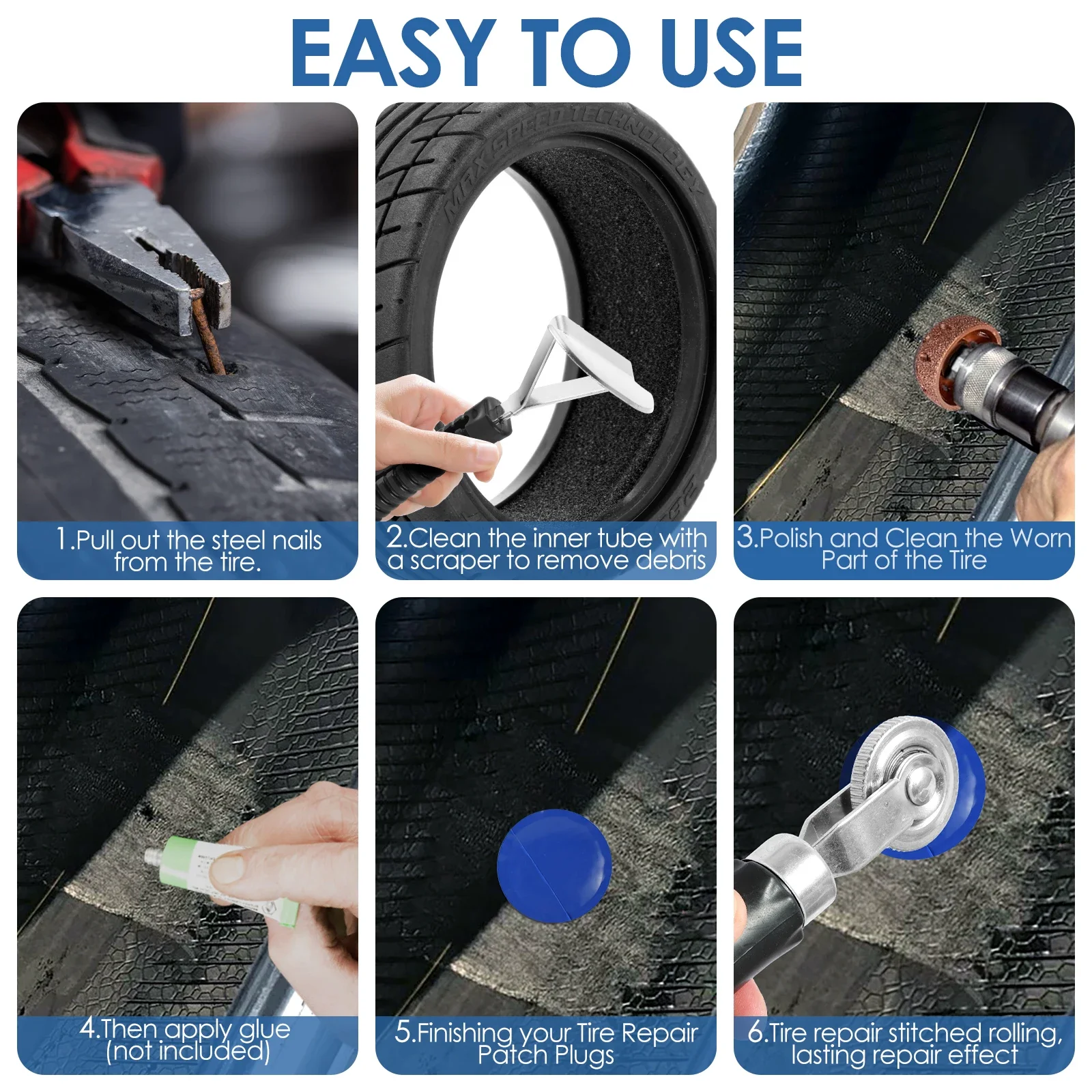 33Pcs Tire Patch Kit with Roller Scraper Heavy Duty Rubber Tire Tube Repair Patch Kit Car Truck Motorcycle Repair Tools