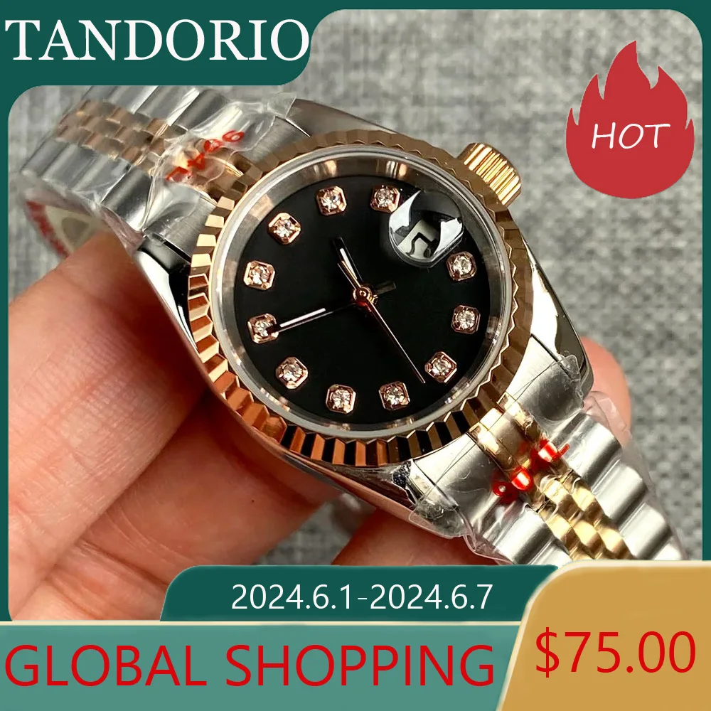

26mm Two Tone Fashion Ladies Black Watch Diamond Dial Sapphire Glass Date NH05 Automatic Women Watch Mini Design Fluted Bezel