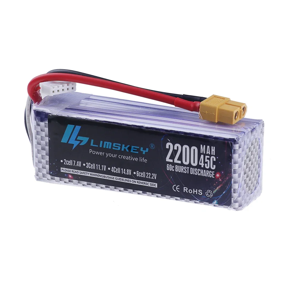 Connecteurs XT60 et prise balance d'une batterie LiPo 14.8V 2200mAh 4S 45C pour Drone RC.